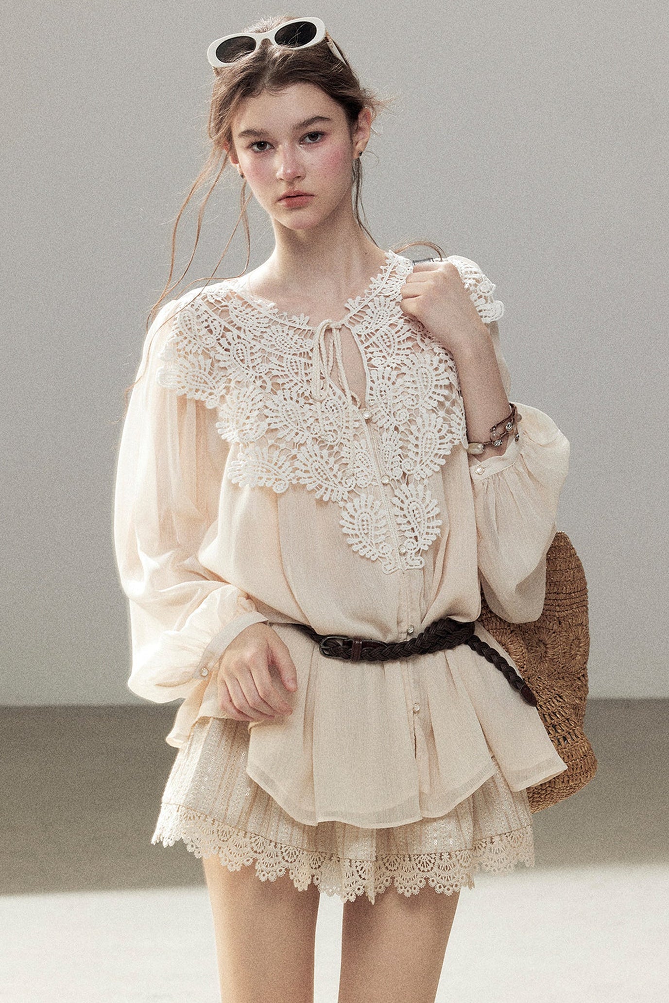 French Style Lace Trim Chiffon Top