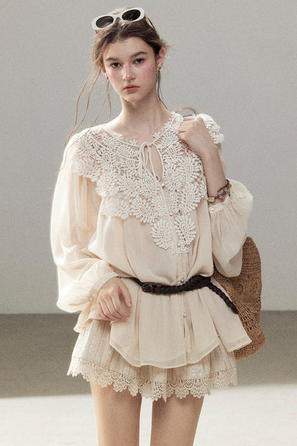 French Style Lace Trim Chiffon Top