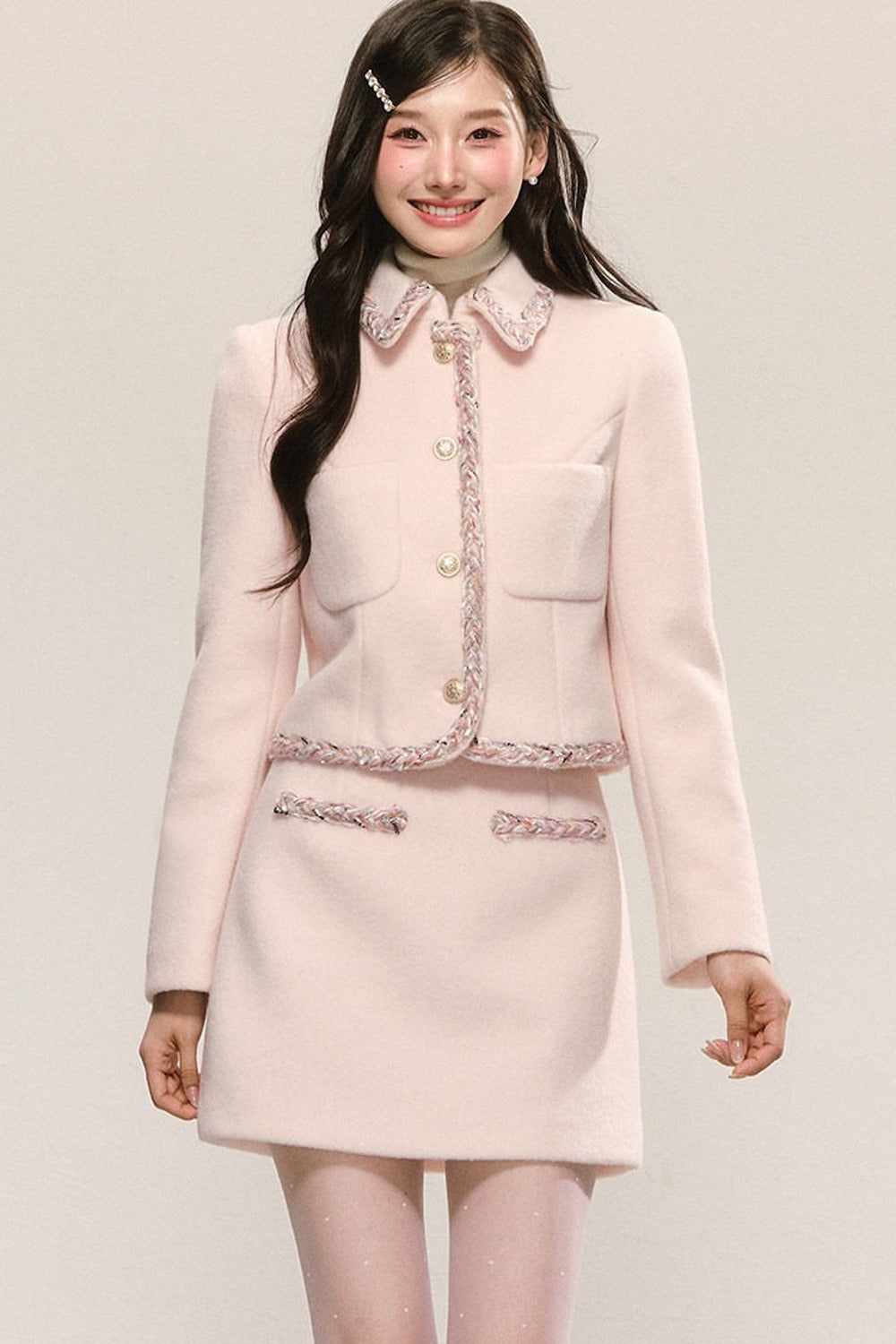Miu Series Pink Woolen Coat Skirt Set-Up