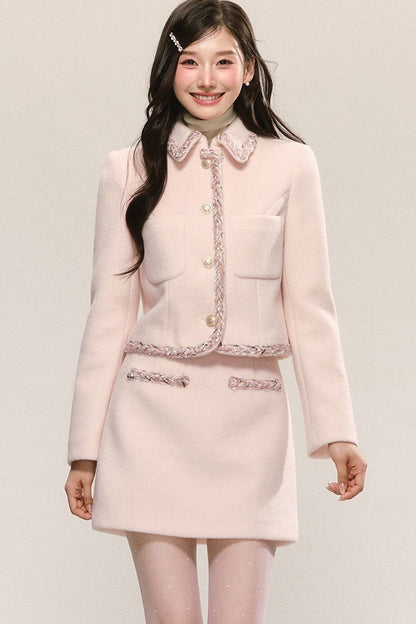 Miu Series Pink Woolen Coat Skirt Set-Up