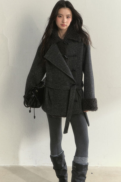50% Wool Lapel Plush Patchwork Jacket