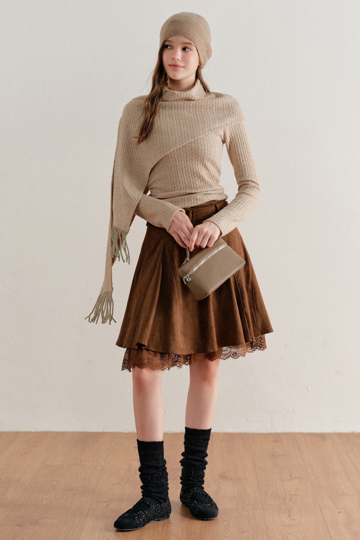 Faux Suede Lace Patchwork Skirt