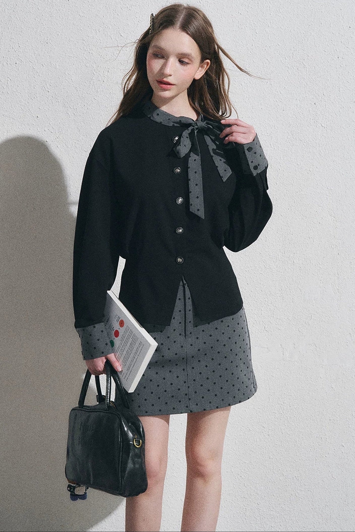 Gray Polka Dot Pullover Shirt and Half-Length Skirt Set-Up