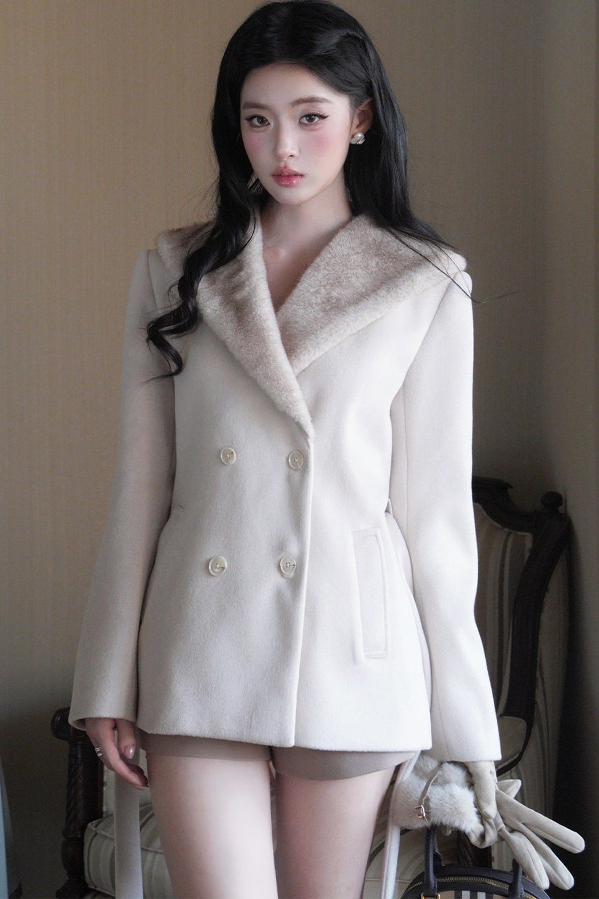 Mink Fur Collar Double-Breasted Short Jacket