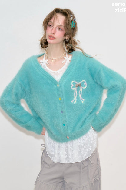 Blue-Green Bowknot Knit Cardigan