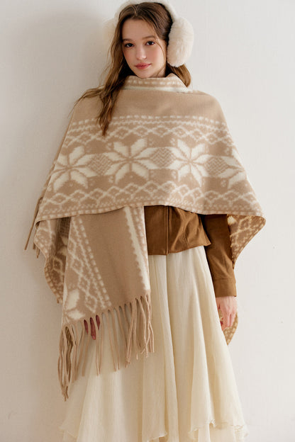 Khaki Fair Isle Jacquard Long Tassel Cape