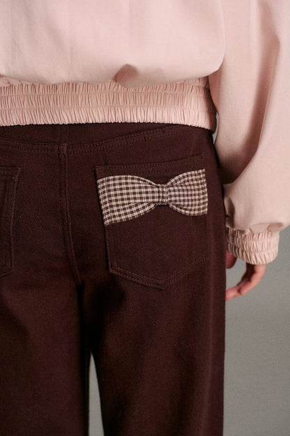 Mid-Waist Straight-Leg Plaid Bow Jeans