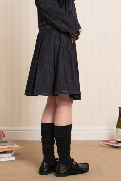 Washed Denim Pleated A-Line Skirt
