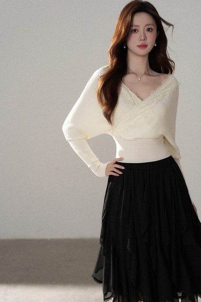 V-Neck Hollow Knit Top and Jeans Set-Up