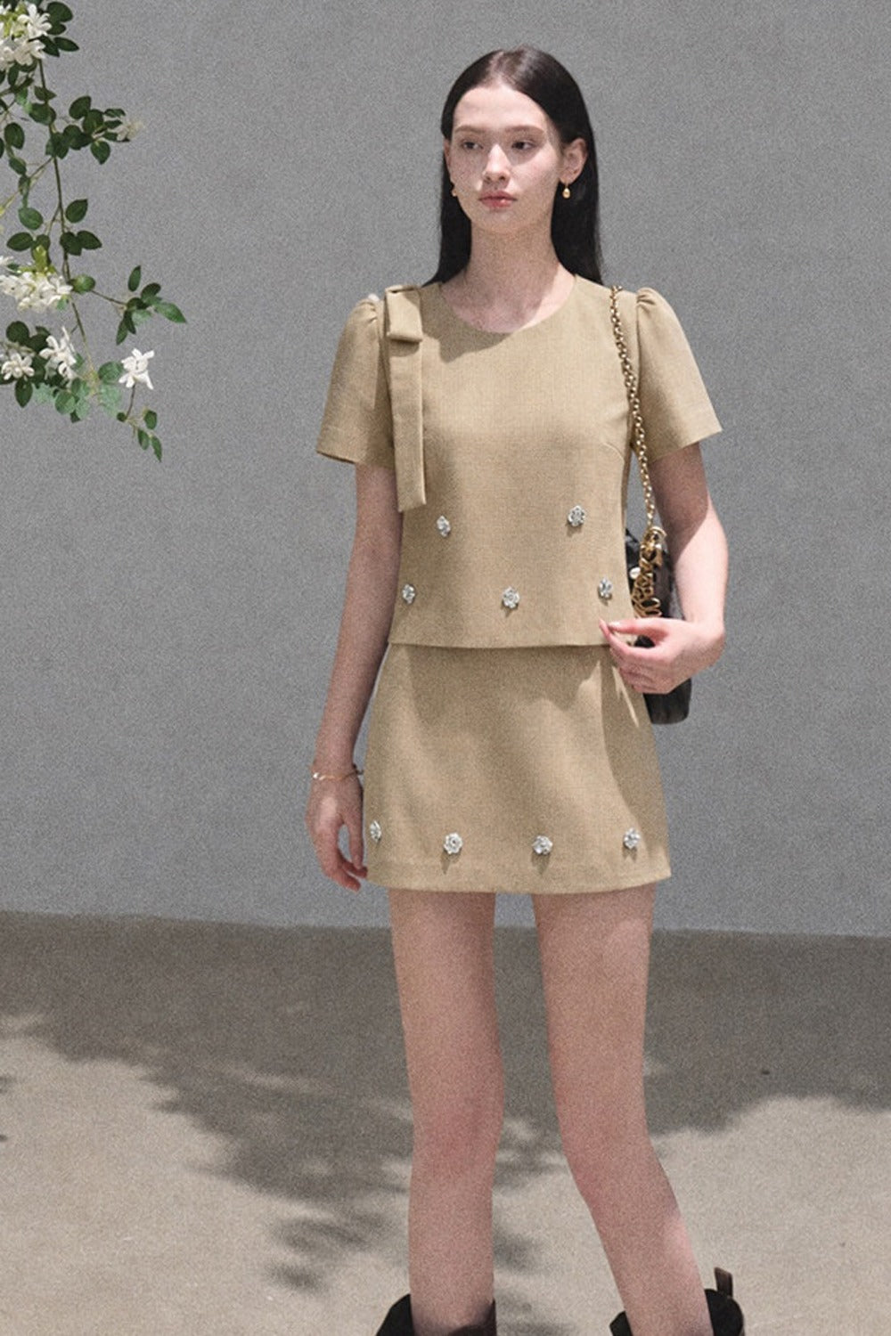 Short-Sleeved Ribbon Top and High-Waisted A-Line Skirt Set