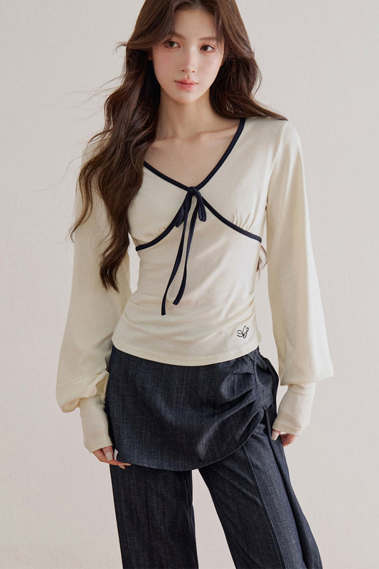 Lyocell V-Neck Tie Long-Sleeve T-Shirt
