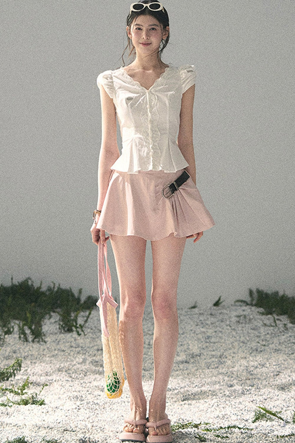 French V-Neck Lace Puff Sleeve Blouse