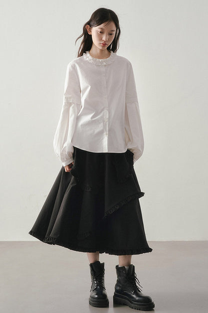 White Ruffled Collar Lantern Sleeve Blouse