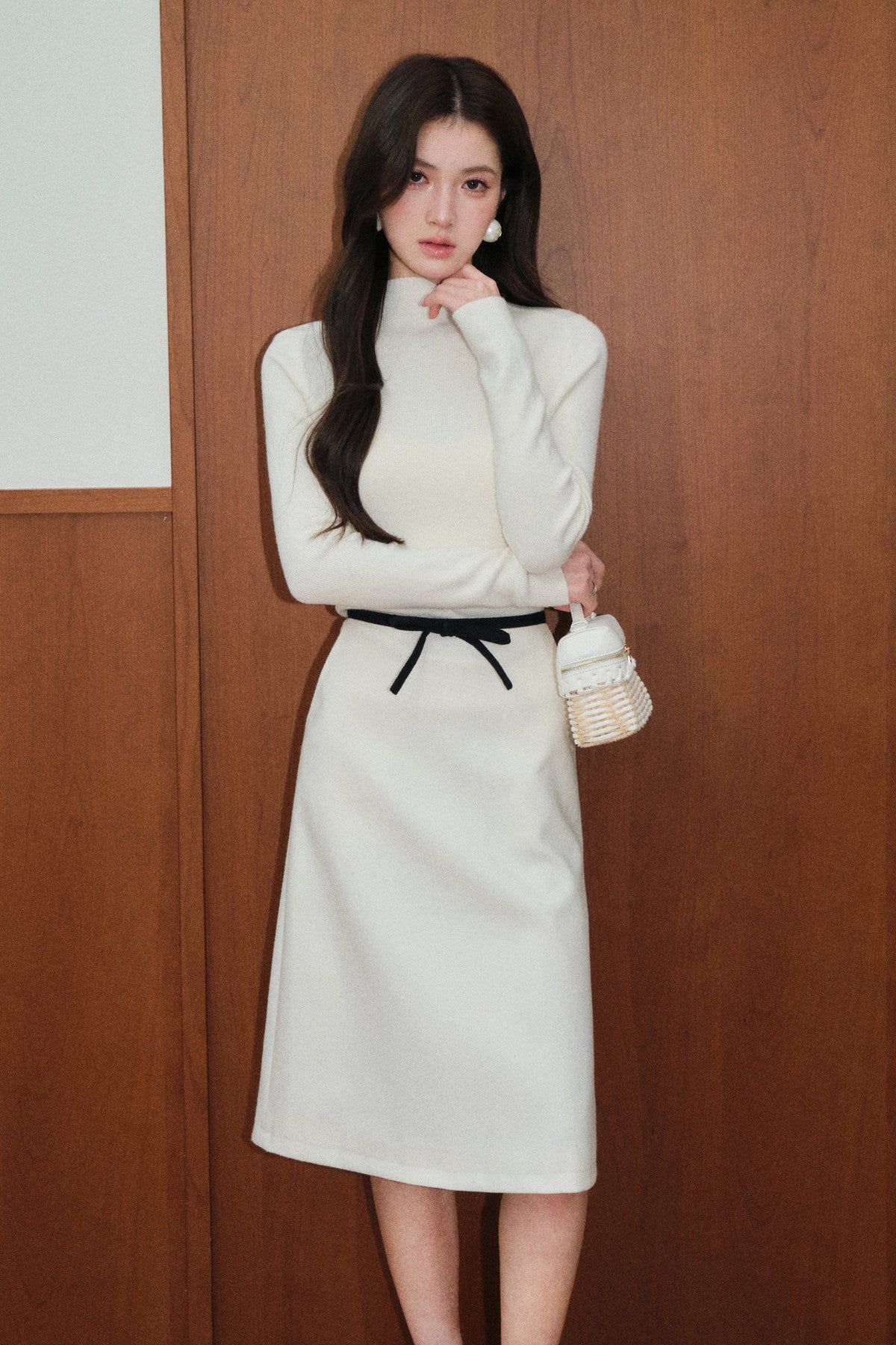 White Wool High-Waisted Straight Bow Skirt and Knit Top Set