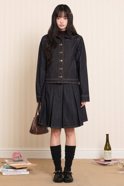 Washed Denim Lapel Tie Jacket