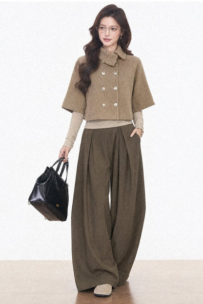 Double-Breasted Cape Coat and Wide-Leg Pants Set-Up
