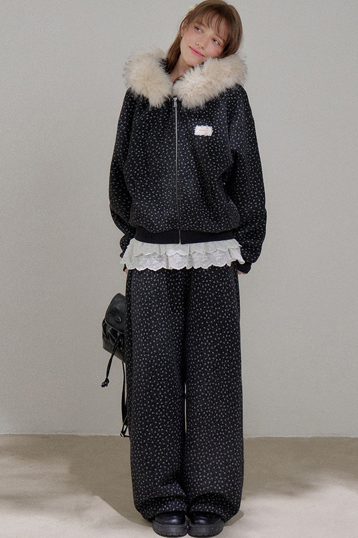 Floral Fur Collar Padded Jacket and Pants
