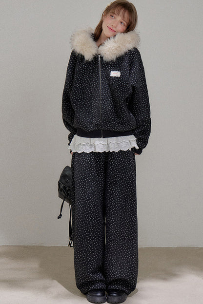 Floral Fur Collar Padded Jacket and Pants