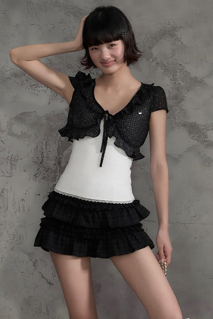 Polka Dot Mesh Ruffle Flutter Cover-Up Set-Up