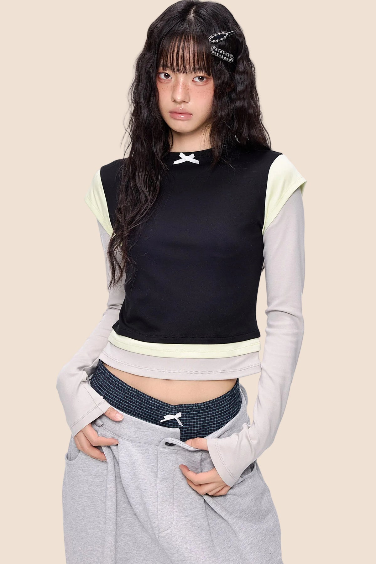 Color-Blocked Bow Long-Sleeve T-shirt