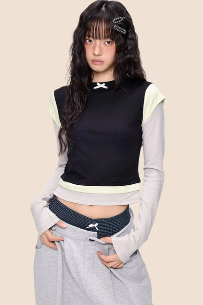 Color-Blocked Bow Long-Sleeve T-shirt