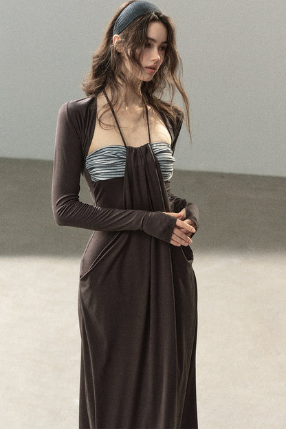 Shawl and Striped Long Dress Set-Up