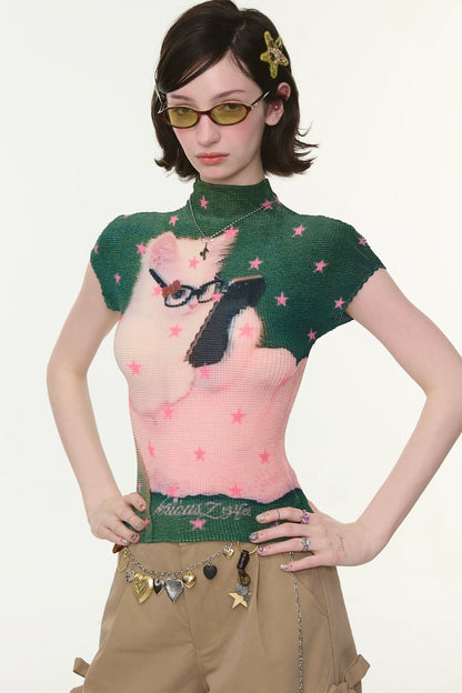 Green Star Cat Print Blouse