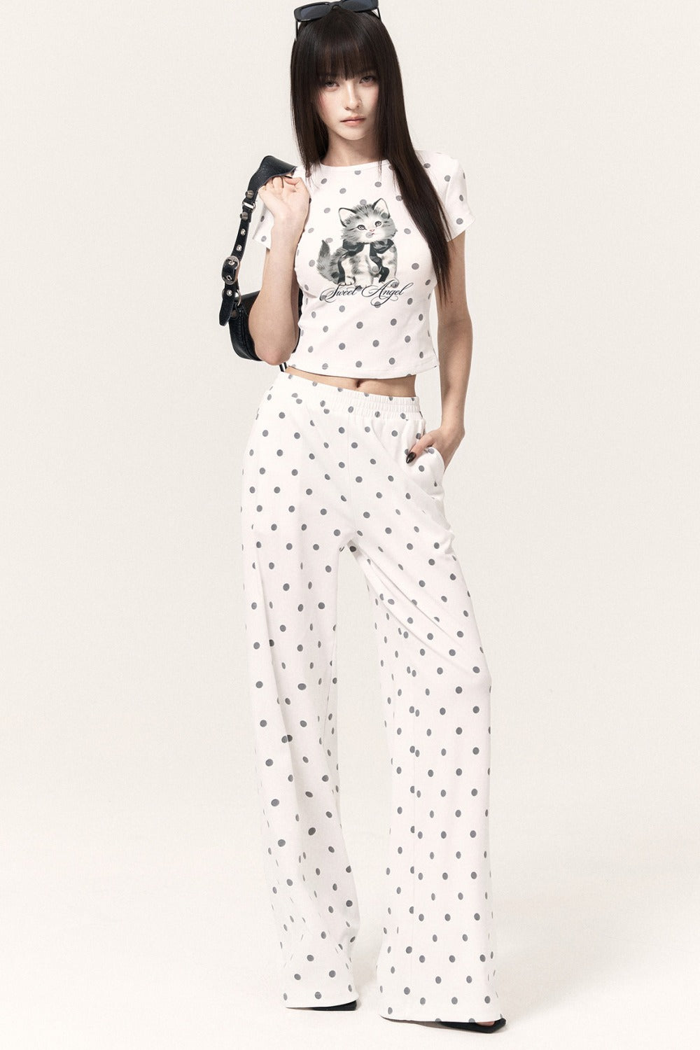 Cat Print Polka Dot Top Pants and Skirt Set-Up