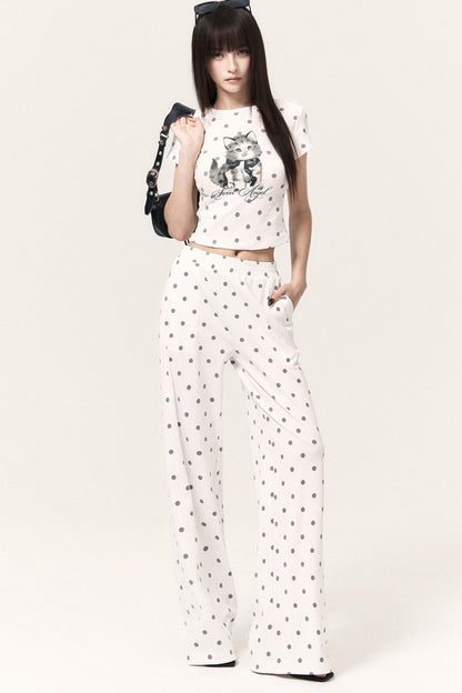 Cat Print Polka Dot Top Pants and Skirt Set-Up