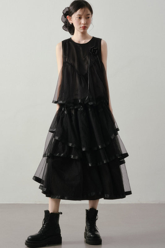 Black Mesh Layered-Look Two-Piece Set