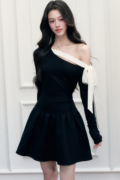 Asymmetrical One-Shoulder Tie Strap Black Dress