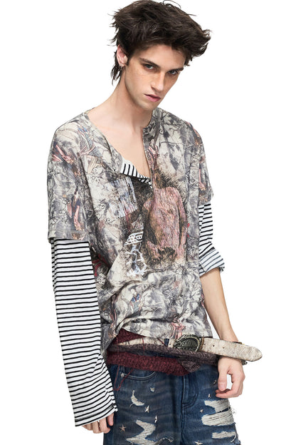 Striped Layered-Look Classical Lady Print T-shirt