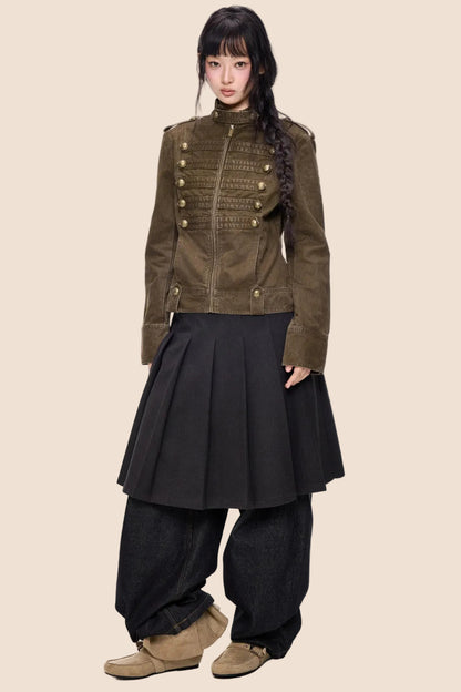 Double-Breasted Stand-Up Collar Short Denim Jacket