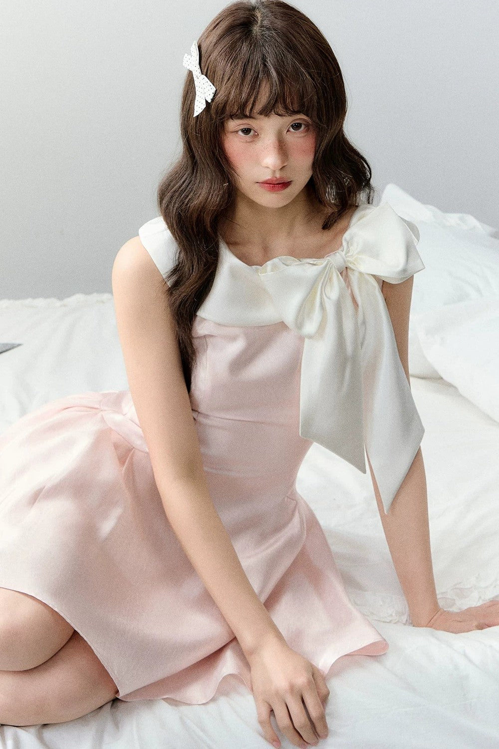 Pink Satin Polka Dot Bow Dress