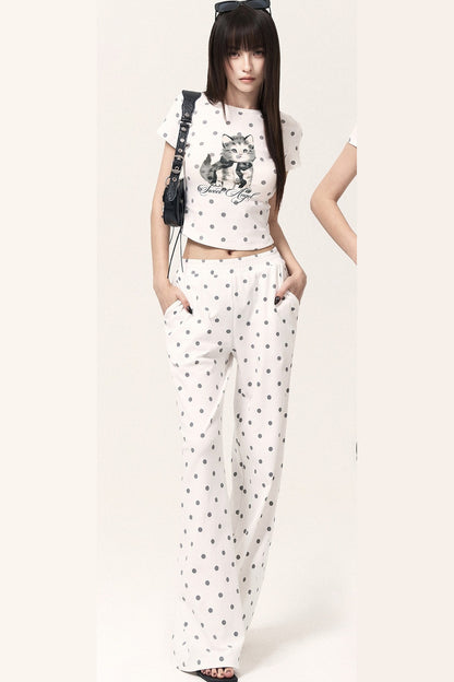 Polka Dot Cat Print Top Bodycon Skirt Pants Set-Up
