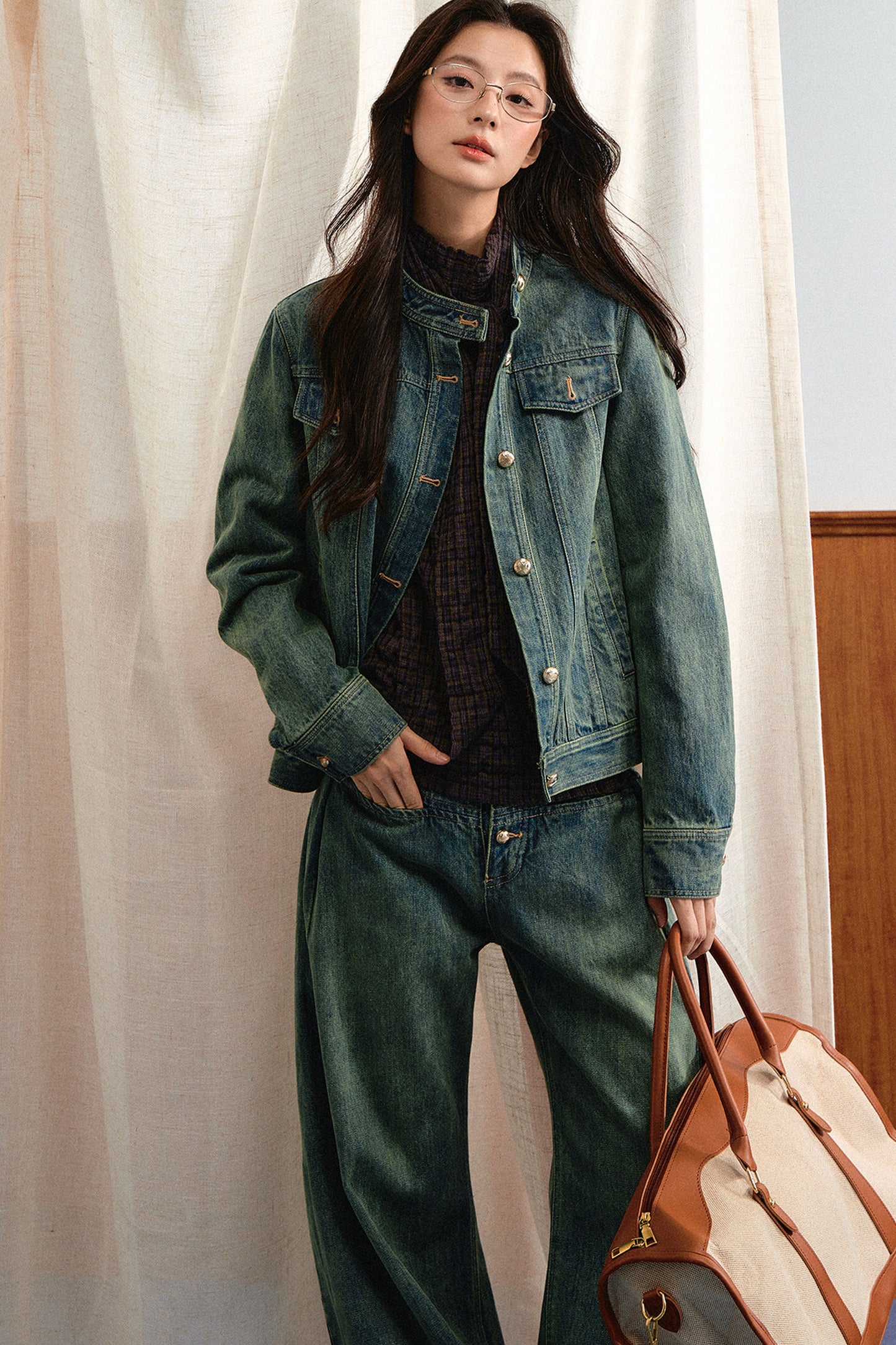 Retro Washed Denim Top and Wide-Leg Pants Set-Up