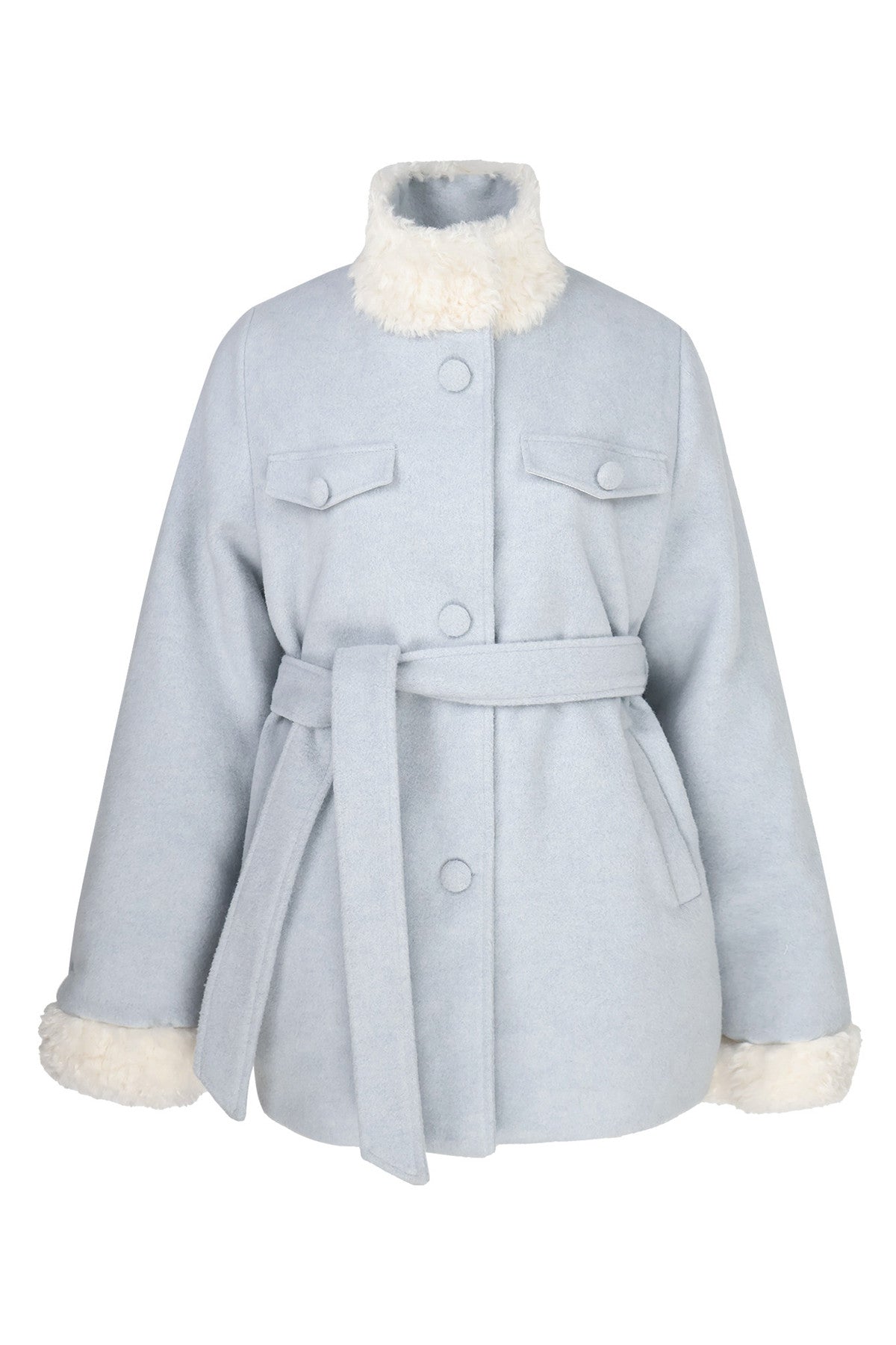 Woolen Fur Collar Tie-Up Jacket and Pants Set-Up