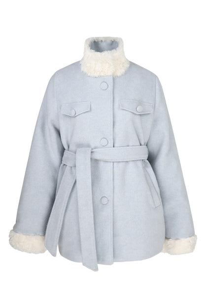 Woolen Fur Collar Tie-Up Jacket and Pants Set-Up