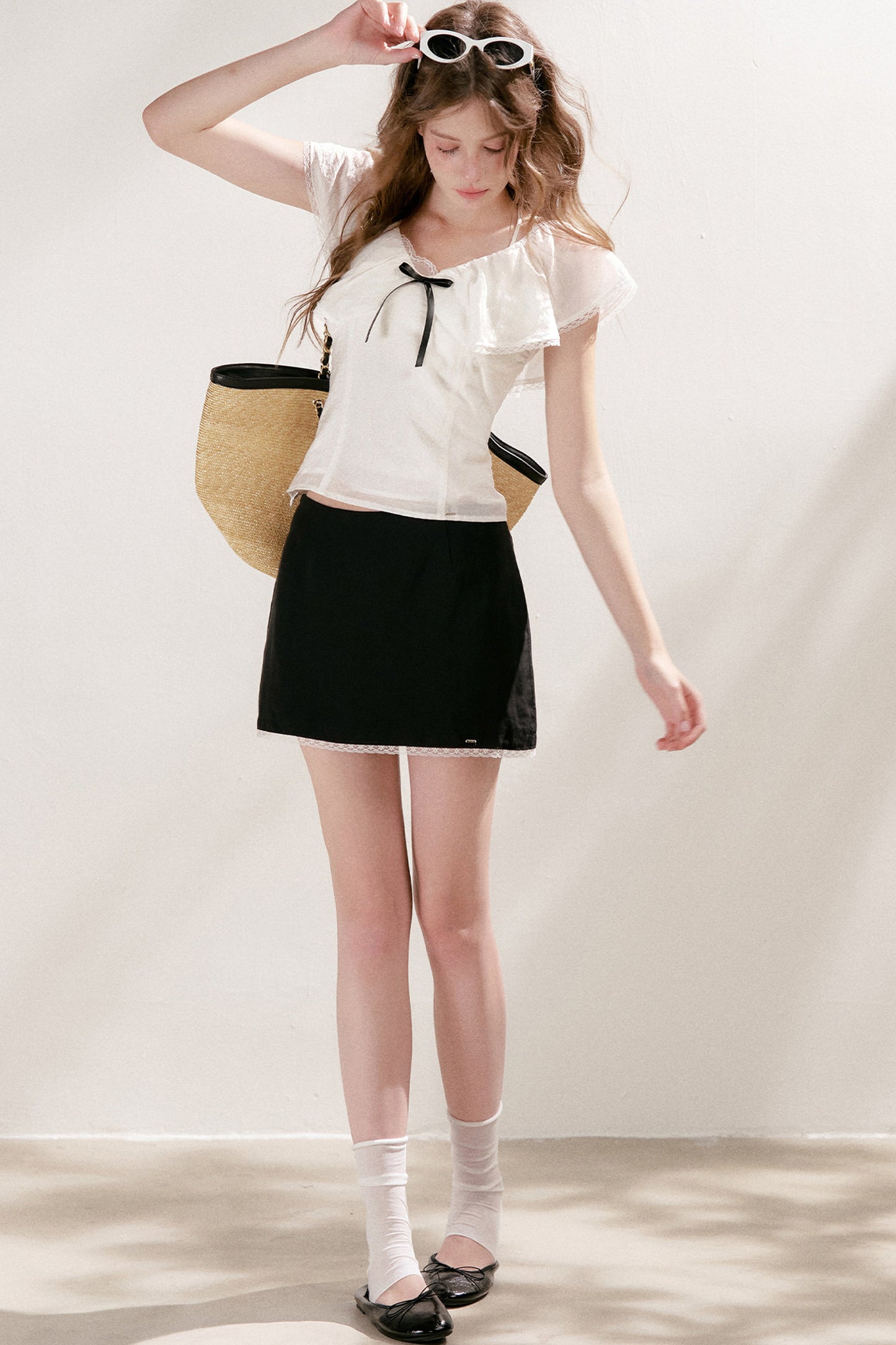 Lyocell Linen Ruffle Bow V-Neck Top and Skirt Set-Up