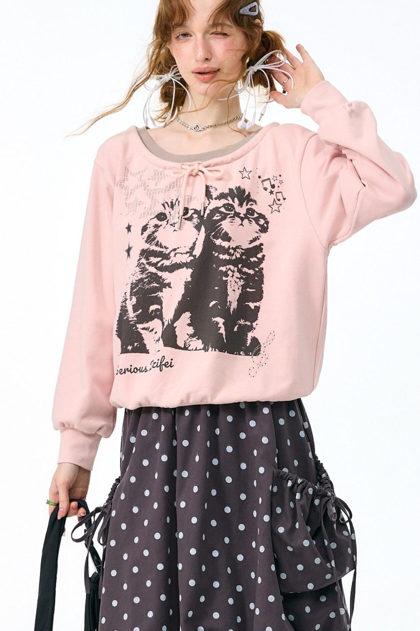 Pink Cat Print Tie Neck Sweatshirt