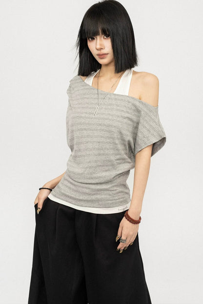Retro Striped Halter Off-Shoulder Top