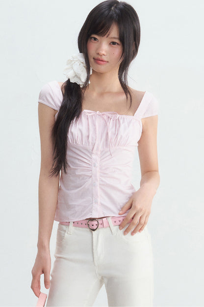Pink Pleated Square-Neck Shirt and White Pants Set