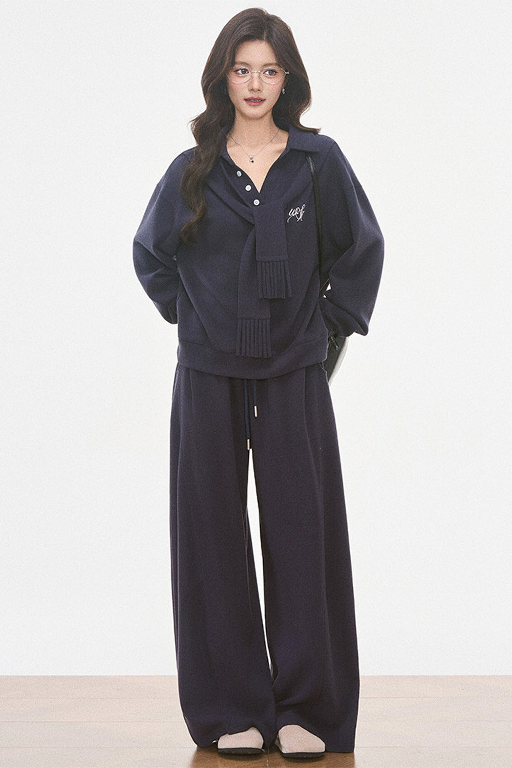 Knit Scarf Sweatshirt and Sweatpants Set-Up