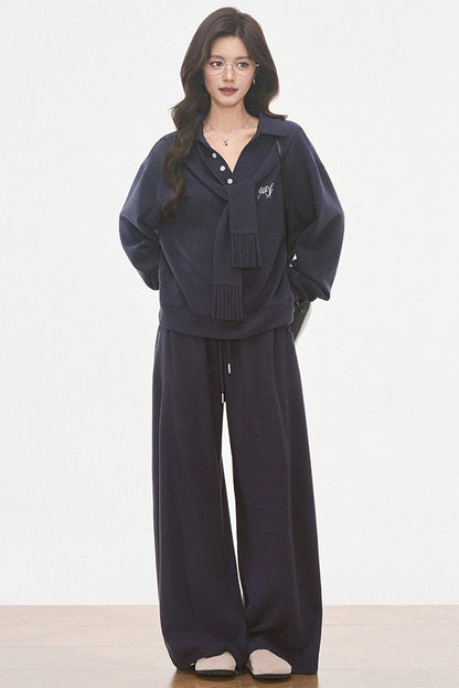 Knit Scarf Sweatshirt and Sweatpants Set-Up
