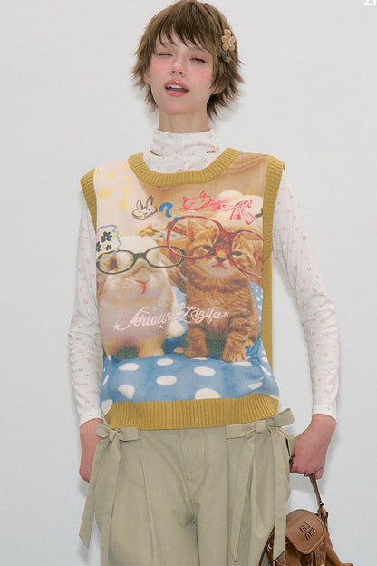 Gelbe Weste mit Katzen- und Hasenprint
