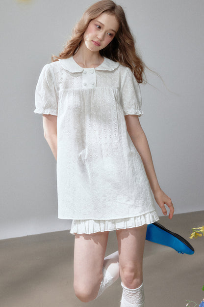 Short Sleeve Hollow Out Doll Collar Top and Skirt Set-Up