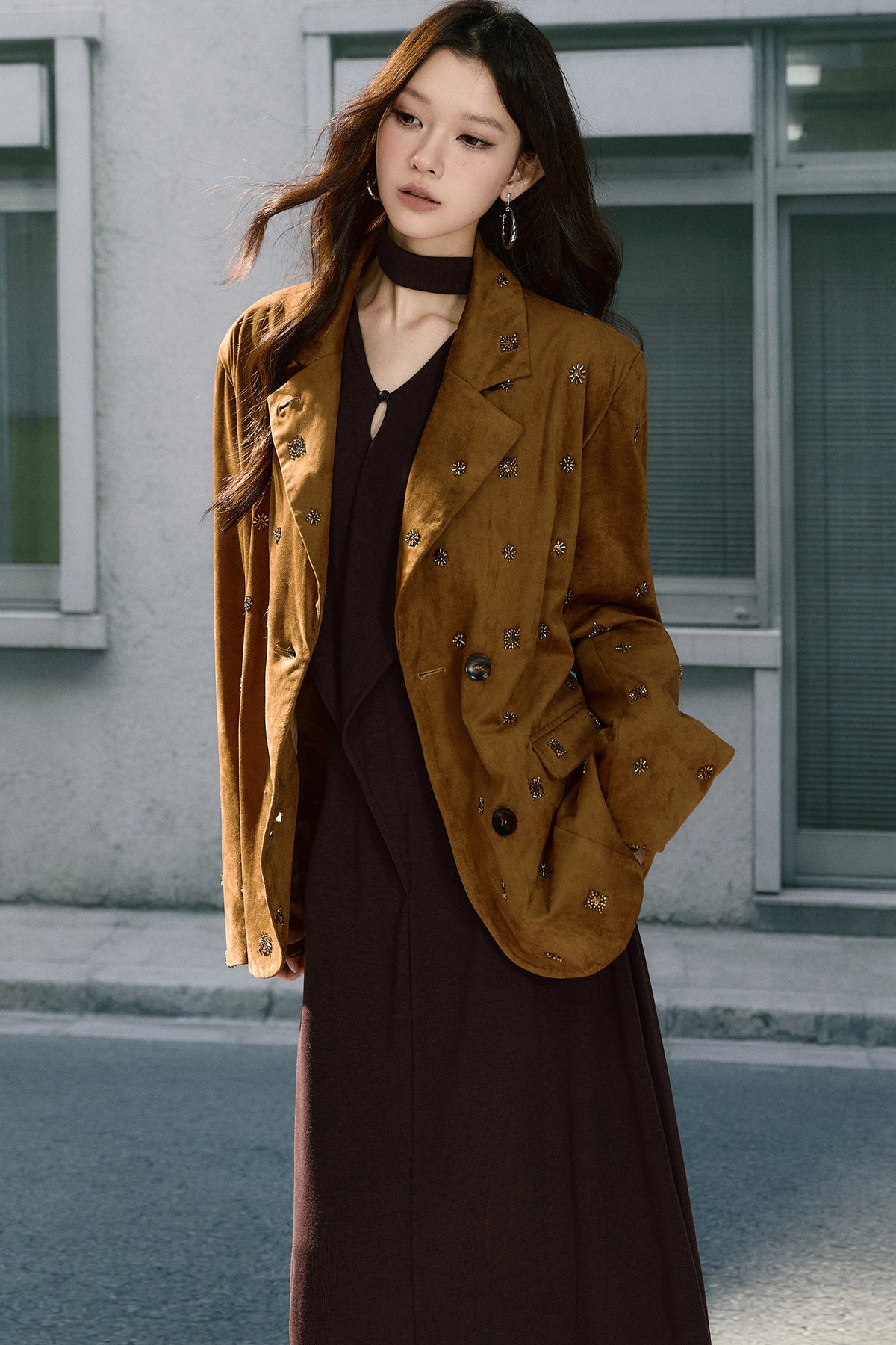 Beaded Suede Detachable Fur Collar Jacket