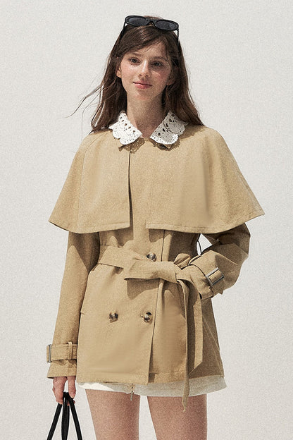 Detachable Cape Crochet Collar Trench Coat