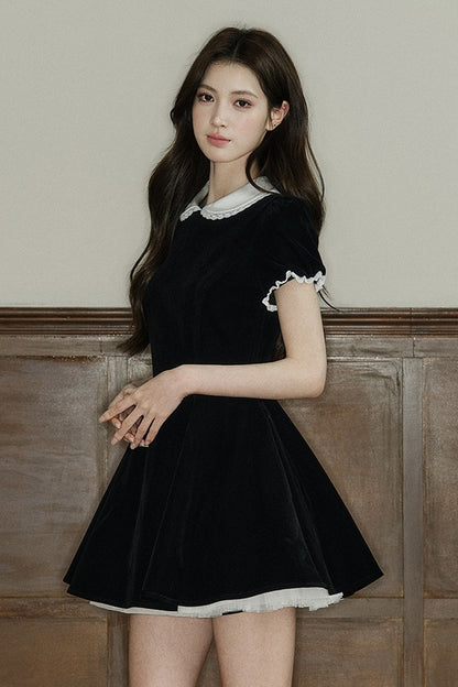 Lace Collar Velvet Puff Sleeve Dress
