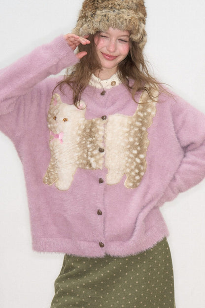 Strickjacke mit lila Katzenapplikation